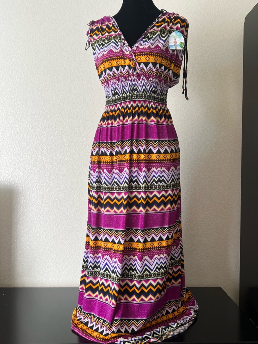 Tribal Boho Festival Spring Print Ready Ruched Shoulder Maxi  Dress Sz M‎